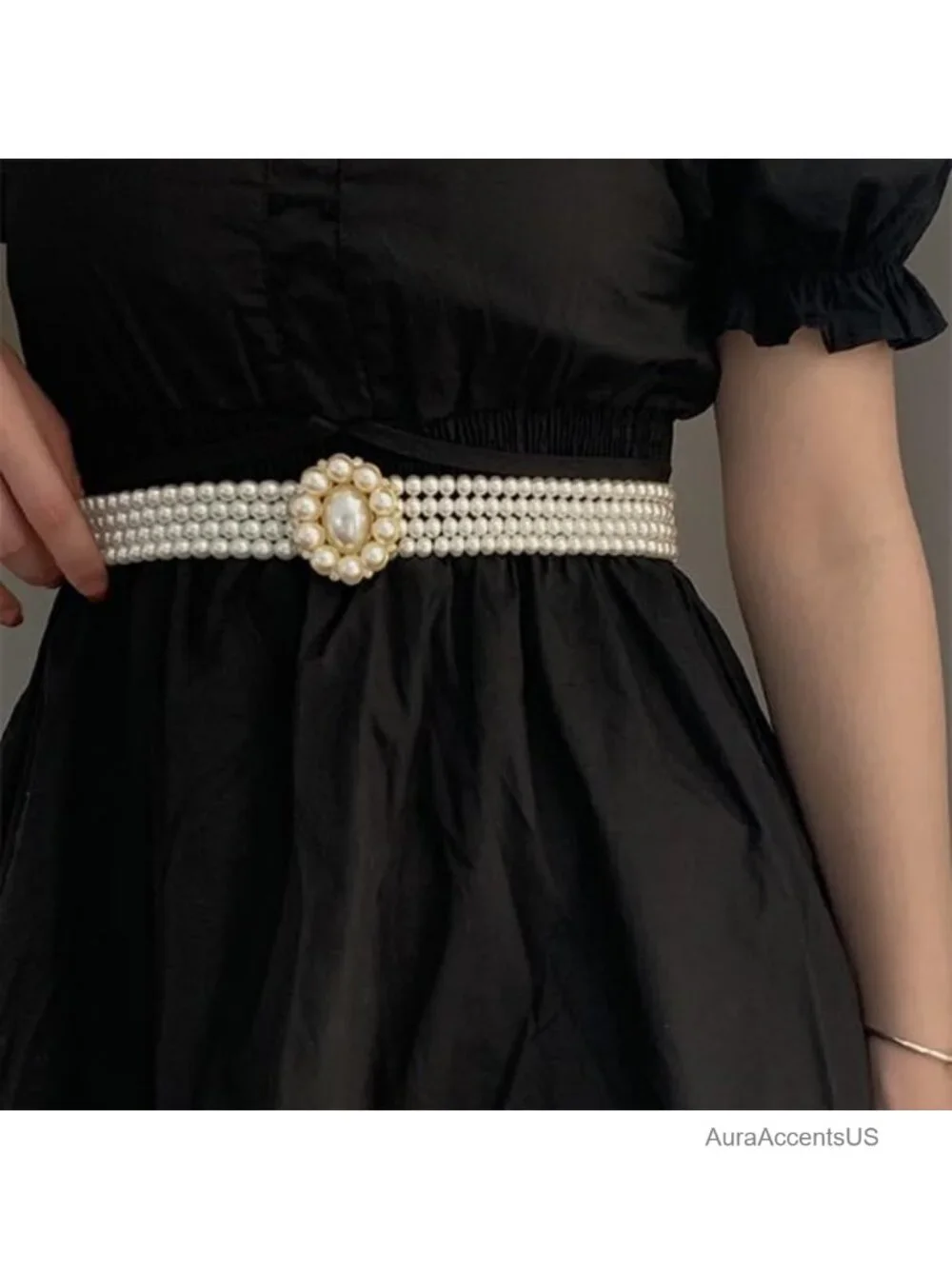 Rhinestone Faux Pearl Elastic Buckle Dress Belt